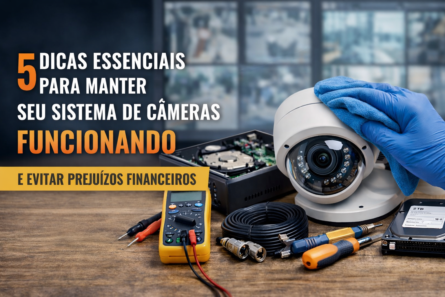 Imagem promocional com o texto **“5 dicas essenciais para manter seu sistema de câmeras funcionando e evitar prejuízos financeiros”**, mostrando uma câmera de segurança sendo limpa por um técnico, ao lado de gravador aberto, HD, cabos e ferramentas de manutenção.