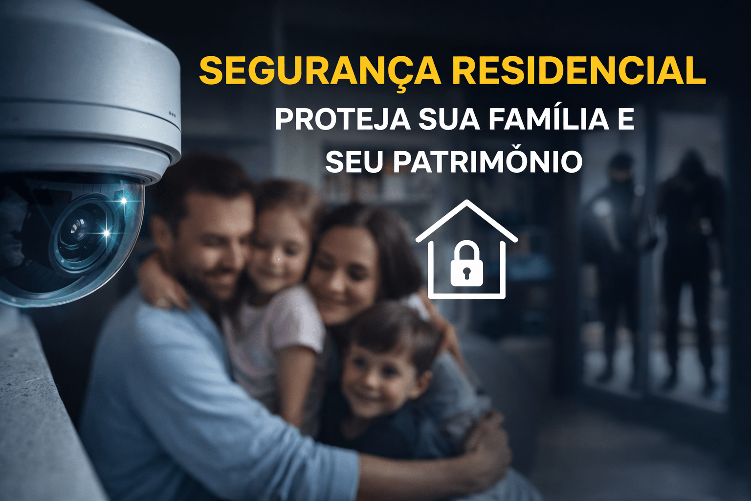 Imagem de **segurança residencial** com **câmera de segurança (CFTV)** em destaque, mostrando **monitoramento por vídeo**, **proteção patrimonial** e **vigilância 24h**, com família em casa ao fundo e intrusos desfocados, reforçando a importância da **instalação de câmeras de segurança**, sistemas de **alarme residencial** e soluções de **segurança eletrônica** para proteger sua família e seu patrimônio.