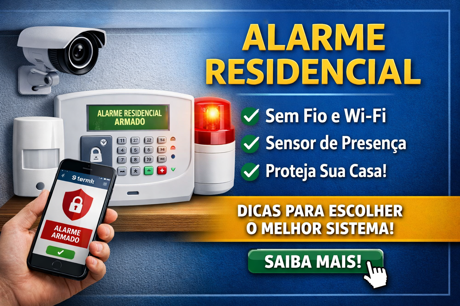 alarme residencial sem fio wifi com sensor de presença e controle pelo celular instalado em casa