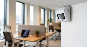 alt="Detalhe de sensor de presença infravermelho para monitoramento de ambientes internos."