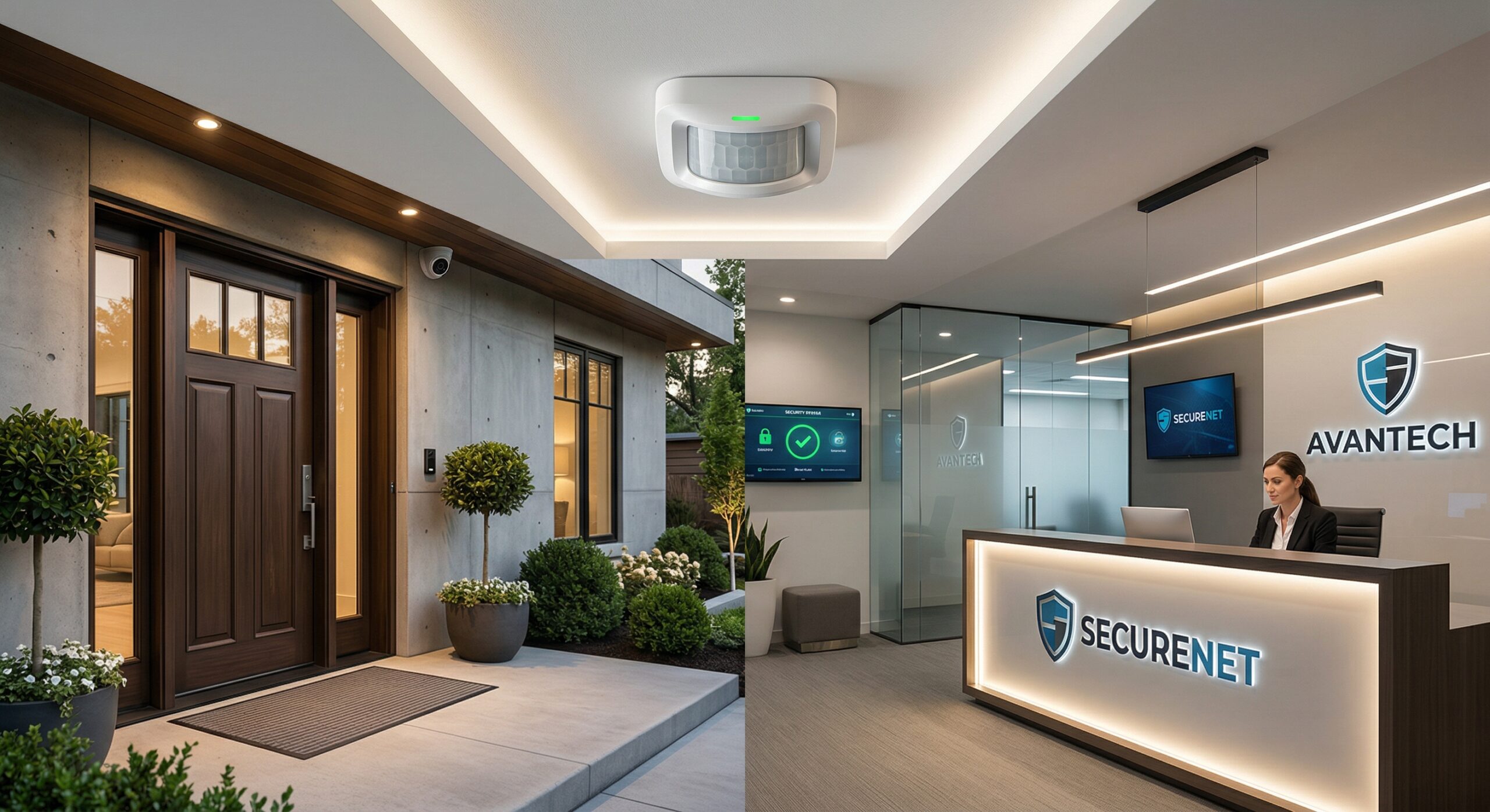 alt=Sensor de presença instalado em fachada residencial e comercial para sistema de segurança e alarme.