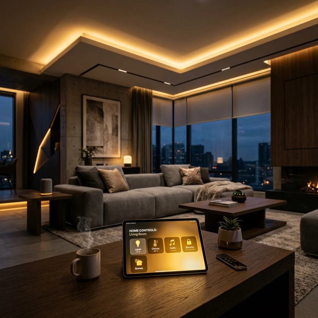 Painel touch na parede controlando som e automação residencial de luxo