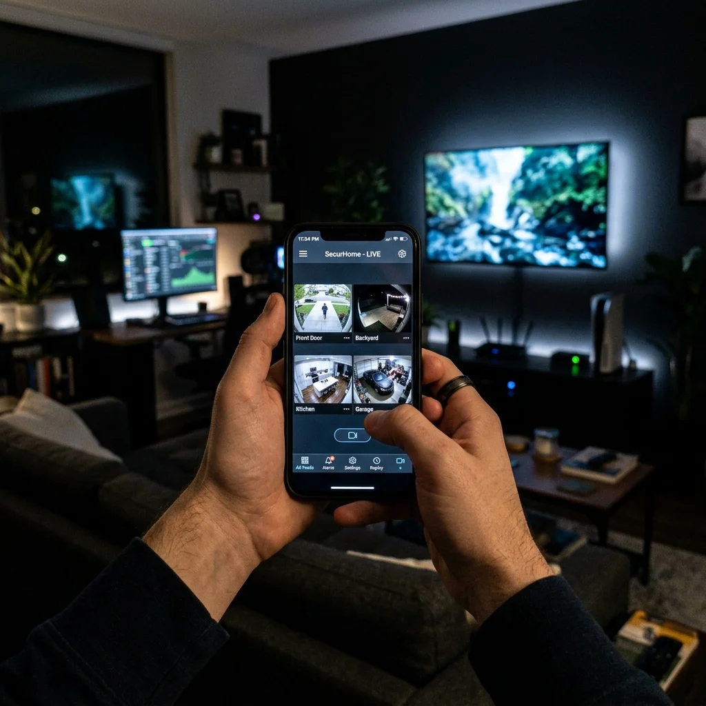 Central de videomonitoramento exibindo imagens de câmeras de segurança ao vivo