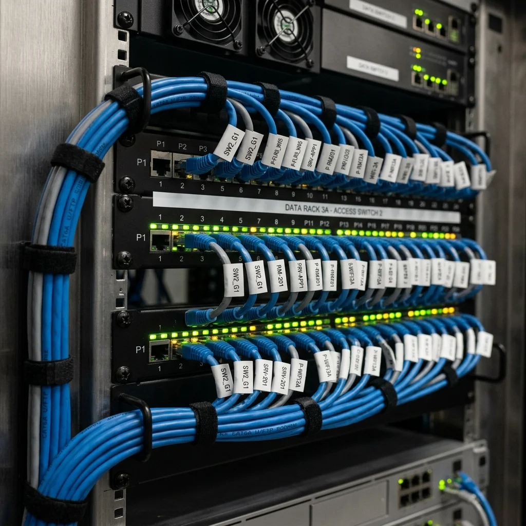 Rack de TI montado com guias e patch panels de cabeamento estruturado