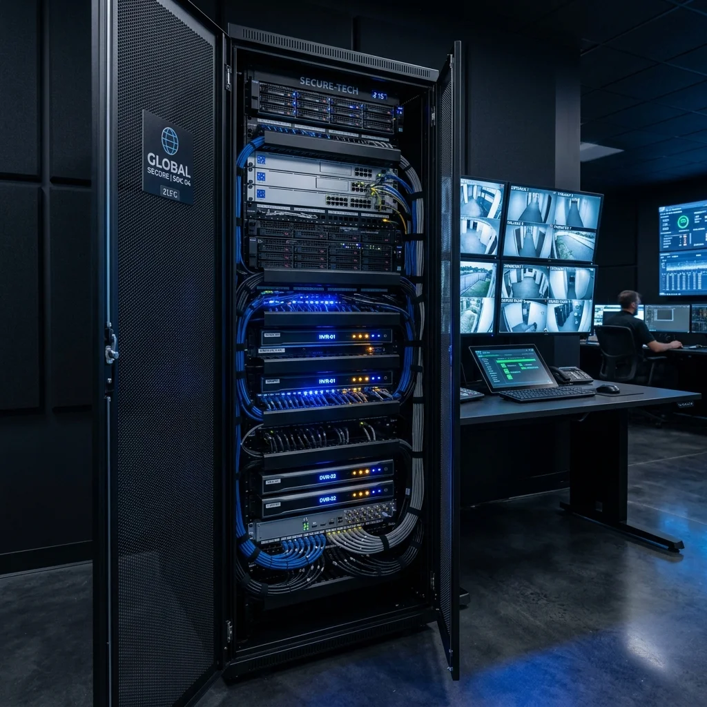 Servidor rack CFTV com gravador NVR para câmeras de segurança IP